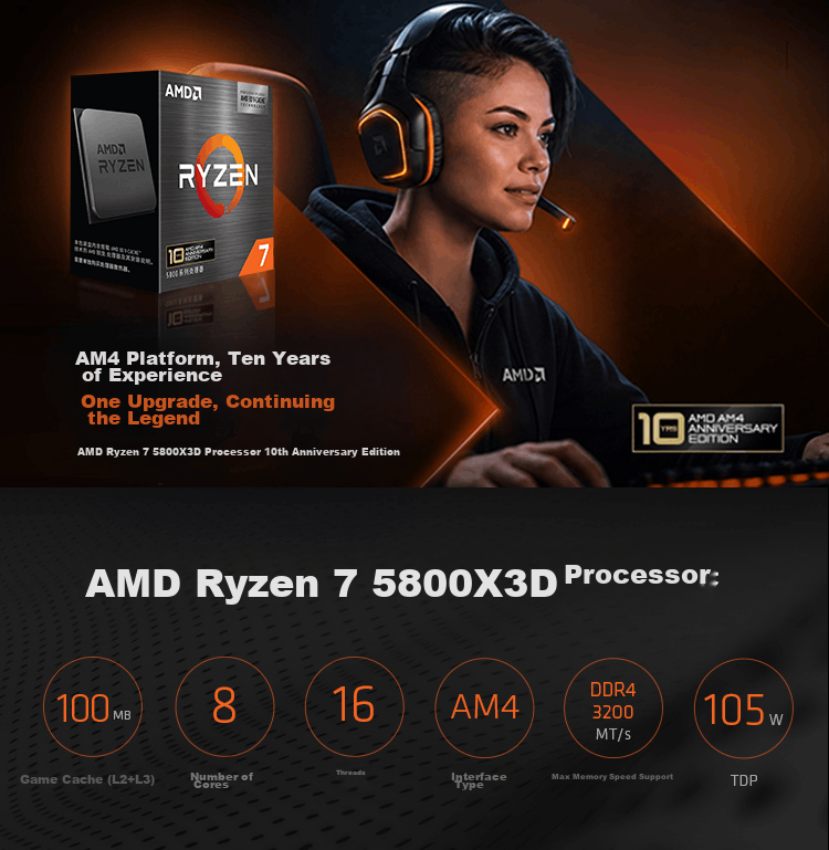 AMD Ryzen 7 5800X3D 10th Anniversary Edition Gaming Processor 8-Core 16-Thread 100MB Cache Up to 4.5GHz Boxed CPU for PUBG Dota2 1