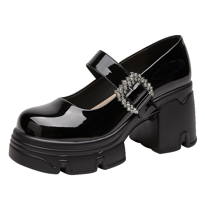 DAPHNE Chunky High Heels Women's Elegant Versatile Velcro Mary Jane Shoes Leather Shoes Women's Footwear, Black, Size 37