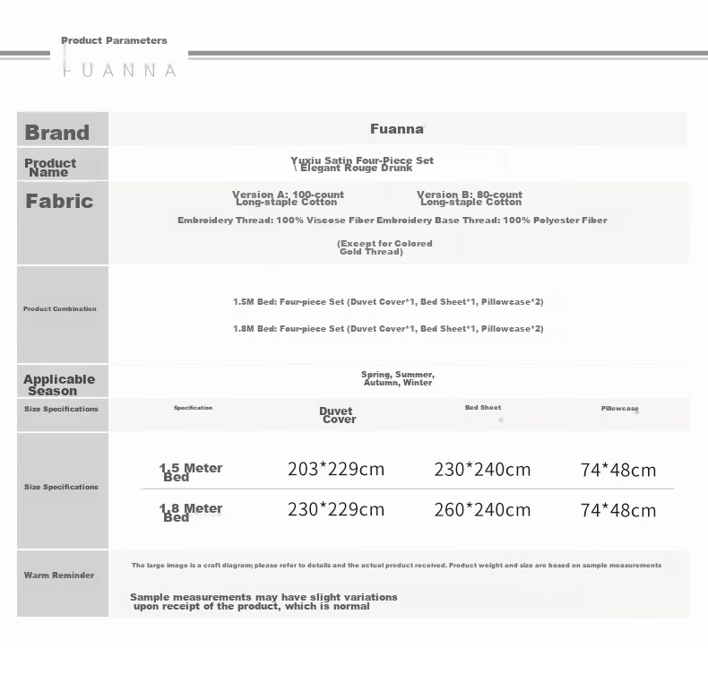 Fuanna Home Textiles 100-Thread Count Double-Ply Long-Staple Cotton 4-Piece Bedding Set Luxury Lightweight Bed Sheet and Duvet Cover Wedding Set for 1.8m Bed 14
