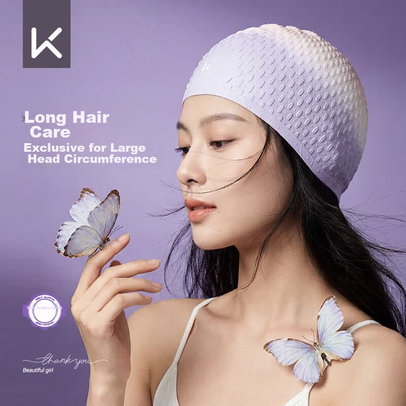 Keep Women's Large Size Waterproof Silicone Antibacterial Gradient Swimming Cap for Long Hair 0055 Water Blue Dew