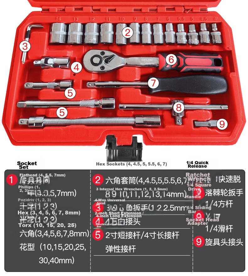Delixi Electric Auto Repair Tool Set Socket Wrench Quick Ratchet Wrench Set Toolbox 72-Tooth 53-Piece Small Fly 20
