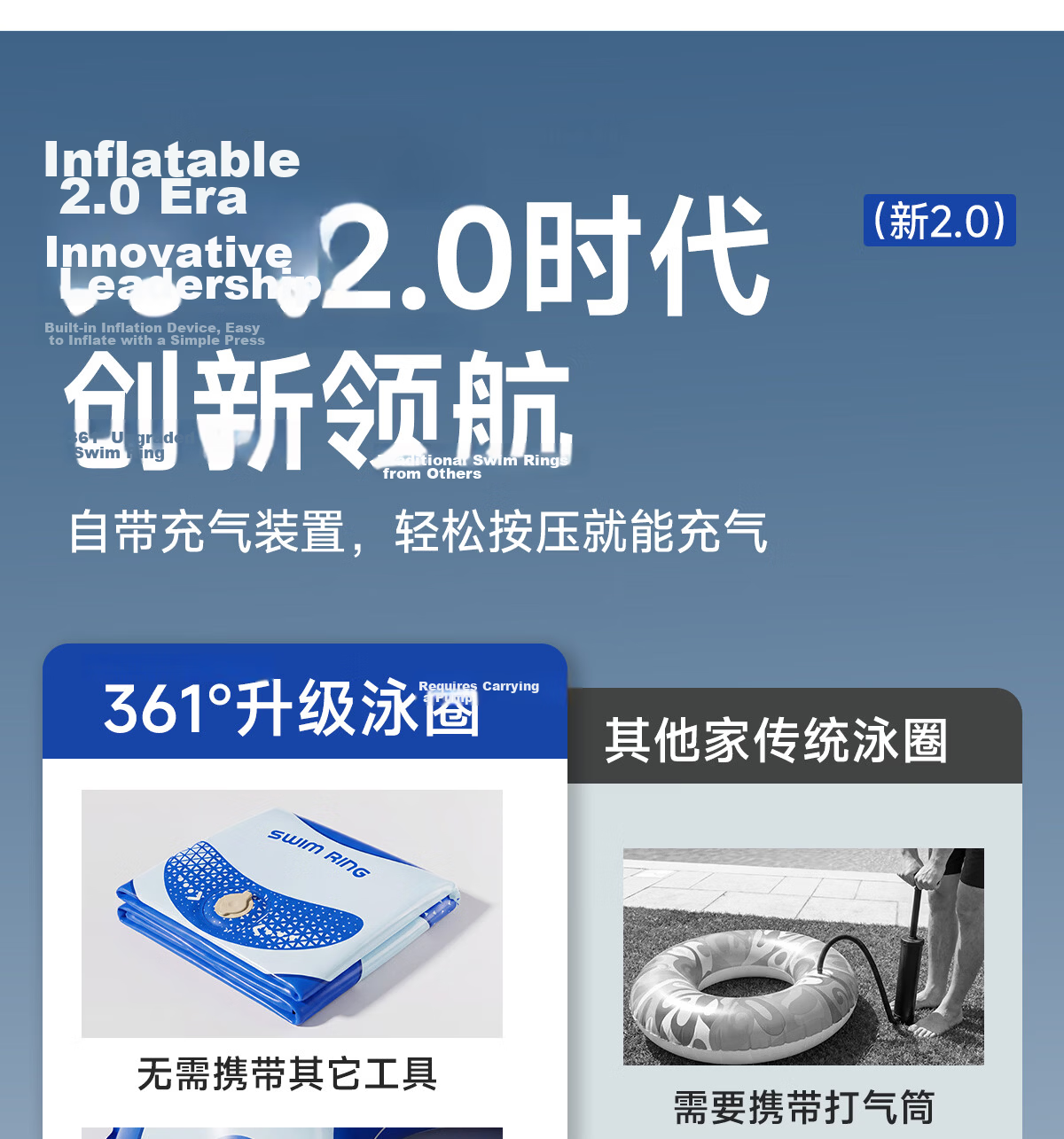 361° Adult Swimming Ring Safety Anti-Tip Pressurized Inflatable Thickened Underarm Float Portable Swimming Gear for Men 7
