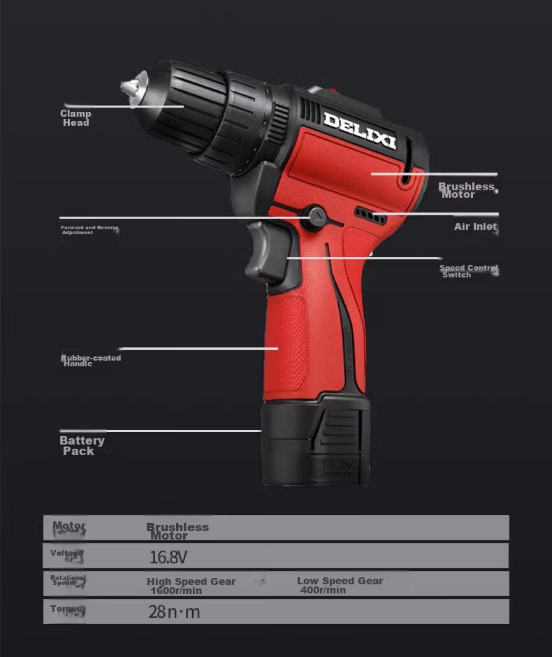 Delixi Electric 16.8V Brushless Cordless Lithium Battery Hand Drill Electric Screwdriver Tool Kit 39