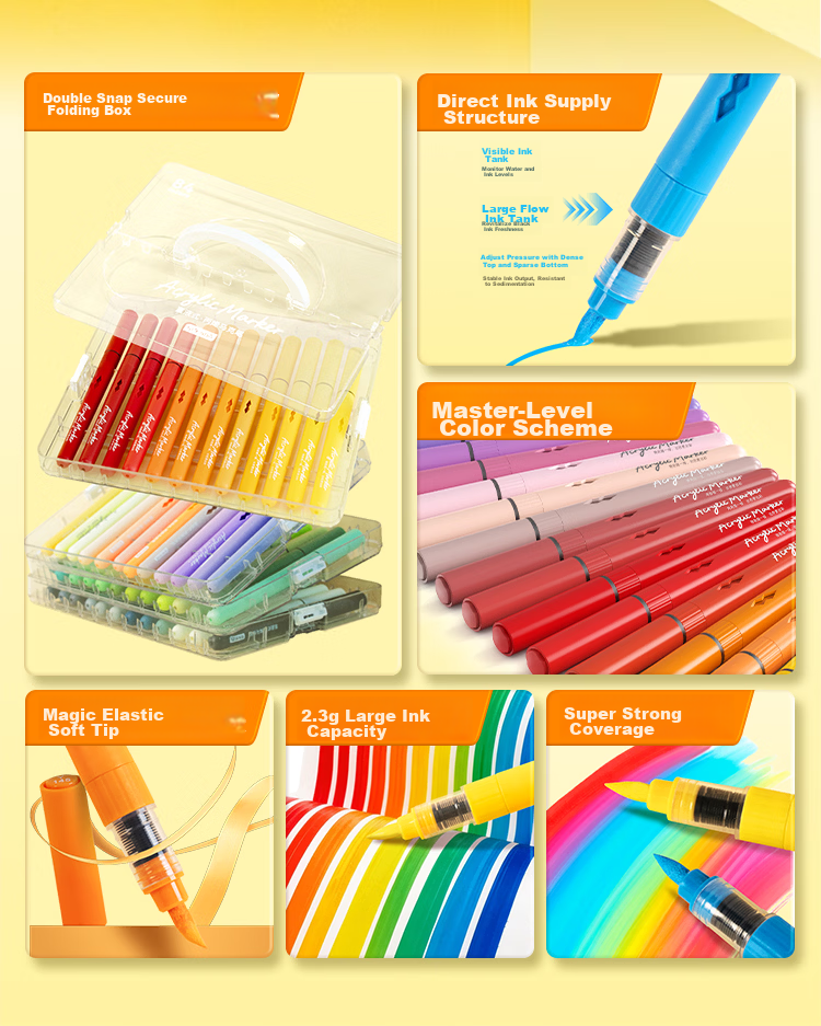 JD Jingzao Direct Liquid Acrylic Marker 36 Colors Large Capacity Elastic Soft Tip High Coverage Non-Bleed Student Watercolor Drawing Pen Birthday Gift for Boys and Girls 2