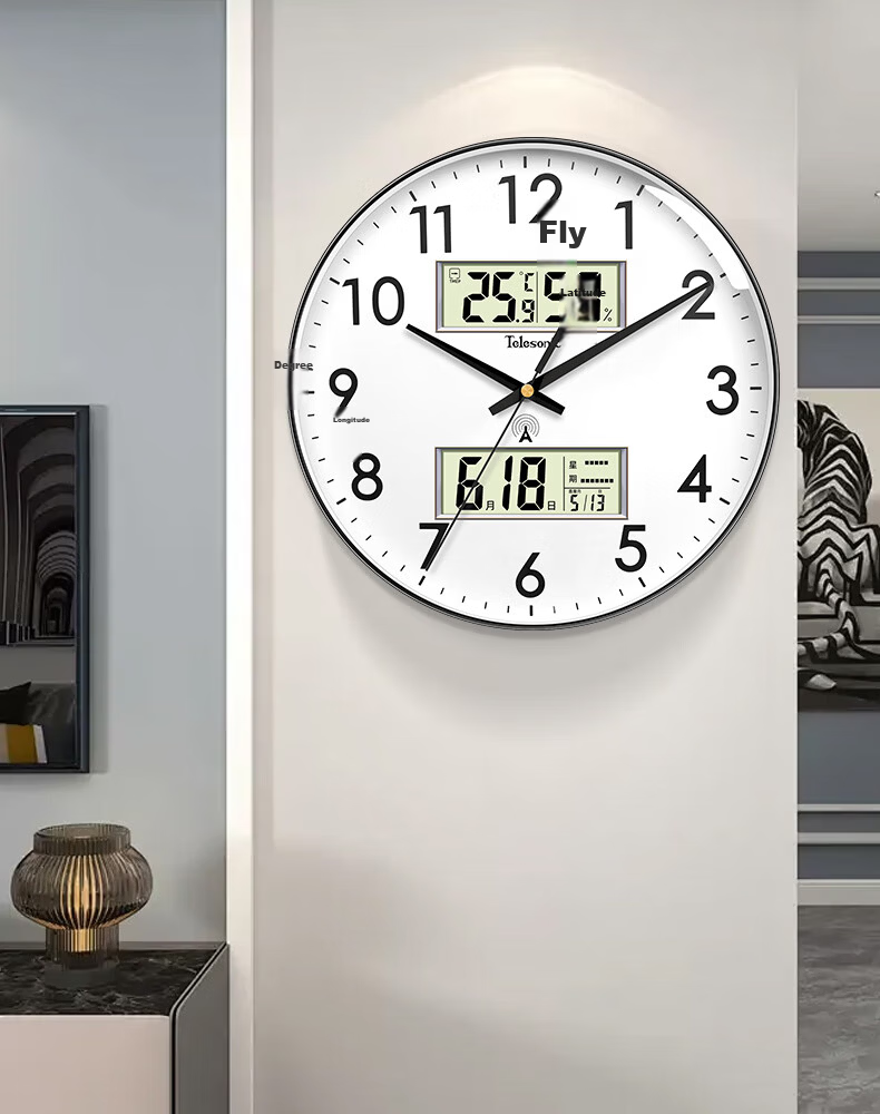 Telesonic Wall Clock Living Room Clock Wall-Mounted Clock Temperature and Humidity Perpetual Calendar Automatic Time Radio Clock Silent Wall Clock 35.5cm 5