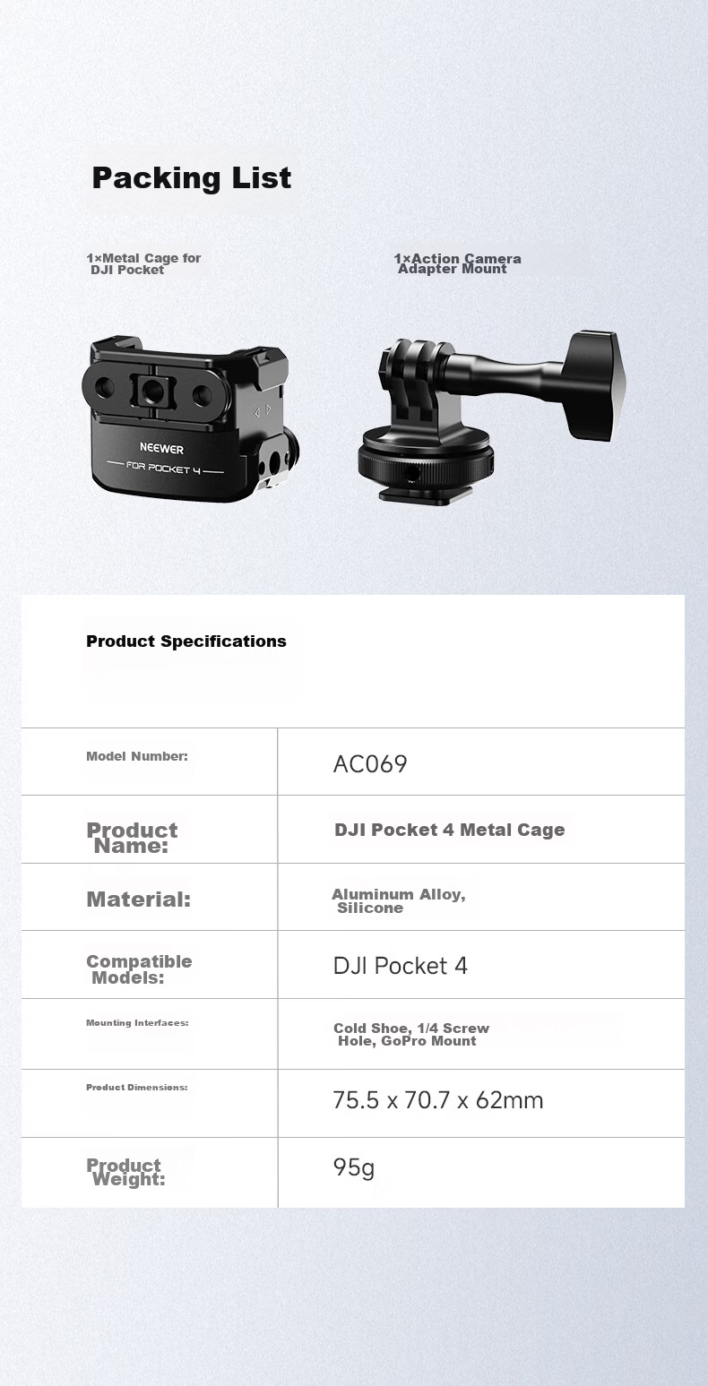 NEEWER DJI Pocket 4 Expansion Frame Cage Mount Sports Camera Extension Adapter Quick Release Bracket Fixing Shooting Adapter 10