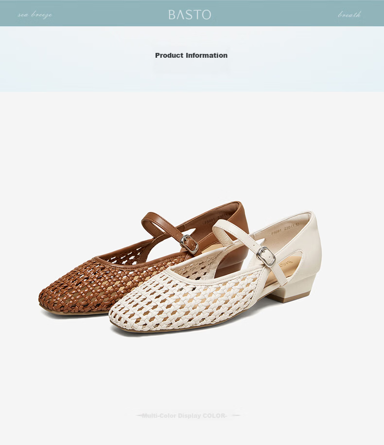 BASTO French Style Woven Hollow Breathable Ballet Mary Jane Sandals Women's Flats F5091BQ6 14
