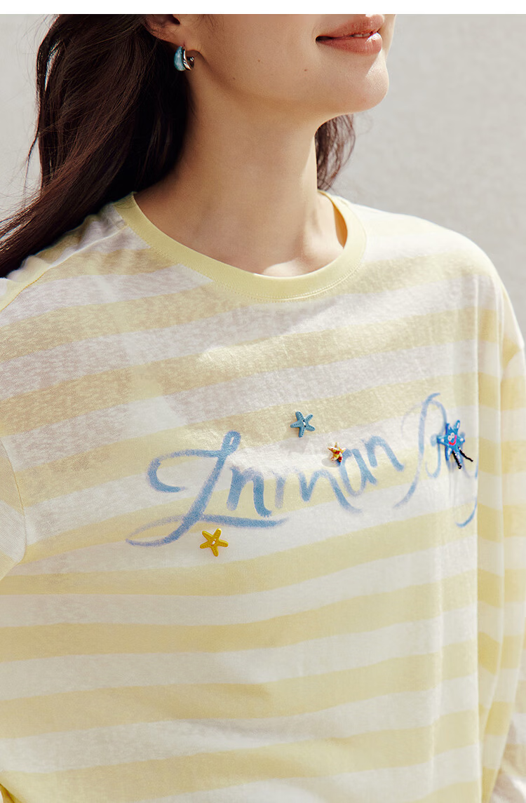 INMAN Lazy Stripe Letter Print Beaded Lightweight T-Shirt 26 Summer New Women's Long Sleeve Top Navy White Stripe L 20