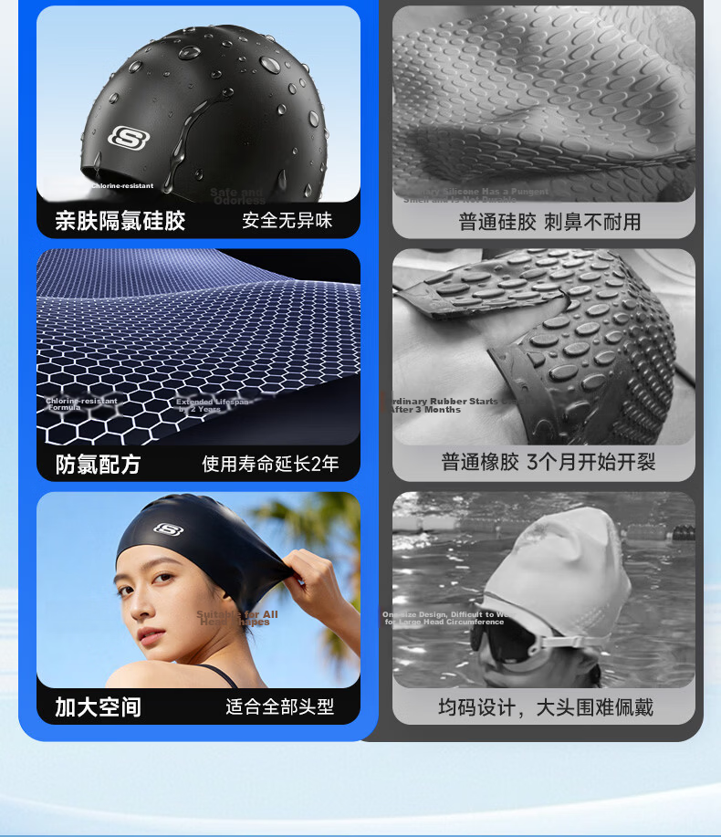 Skechers Silicone Waterproof Oversized Swim Cap for Men and Women, Non-Tight, Adult Long Hair Universal Professional Swimming Cap, Pure White 4
