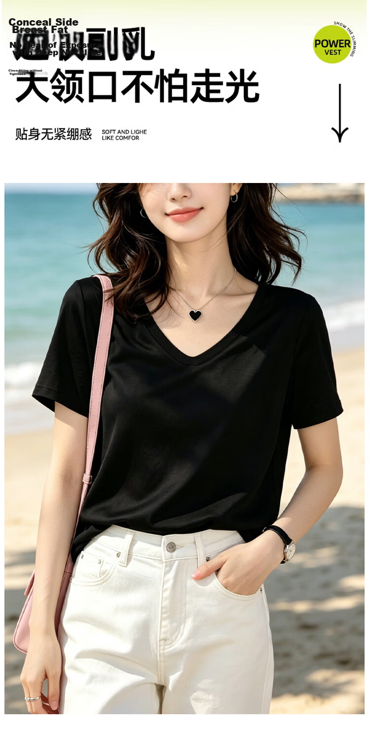 Miiow Women's Short Sleeve T-Shirt New Summer American Style Casual Loose Slim Tencel Lyocell V-Neck Top 7