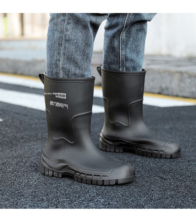 Delixi Electric Fashion Women's Rain Boots Black Mid-Calf 25CM Adult PVC Waterproof Slip-Resistant Durable Water Shoes 12