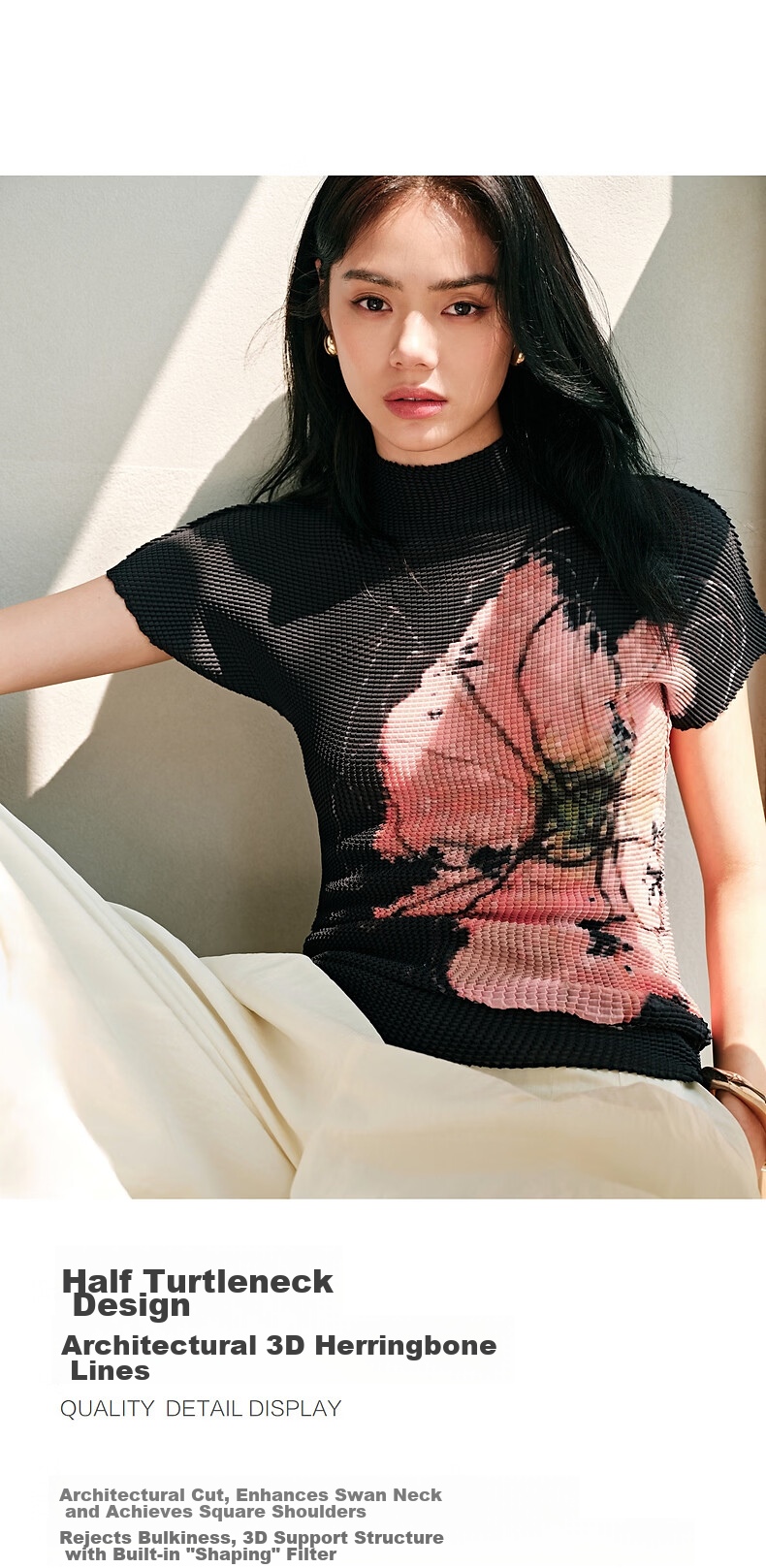 Peacebird Women's T-Shirt Miyake Style Pleated Soma Flower Short Sleeve Summer Elegant Half High Neck Slim Fit Top Black L 8