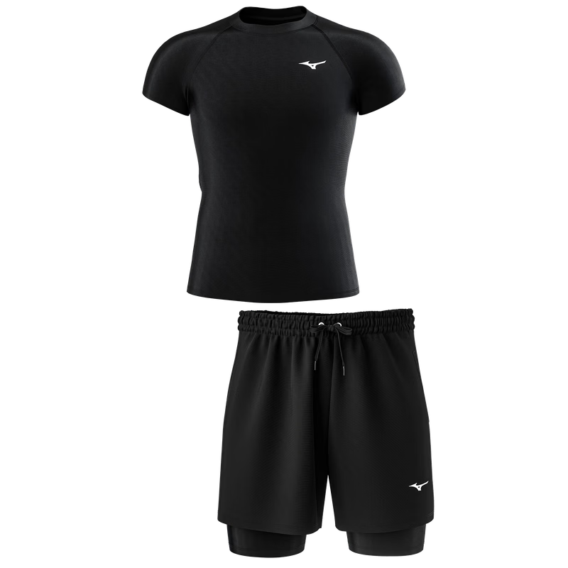 MIZUNO Men's Swimwear Set with Anti-Embarrassment Beach Shorts, Quick-Dry Large Size Short-Sleeve Hot Spring Swimming Gear, 101 Black, Size L