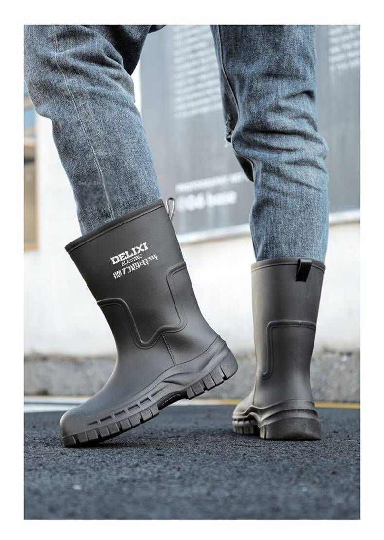 Delixi Electric Fashion Women's Rain Boots Black Mid-Calf 25CM Adult PVC Waterproof Slip-Resistant Durable Water Shoes 13