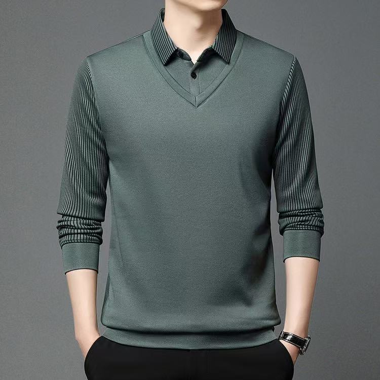 RED DRAGONFLY Men's Knitted Sweater Solid Color Simple Versatile Fashion Comfortable Skin-friendly Warm Pullover Fake Two-piece Shirt Ha Qing XL 14