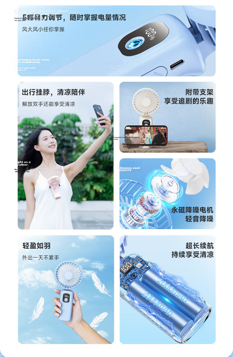 Capeden 5200mAh Large Capacity Handheld Mini Fan, Strong Wind Neck Hanging Fan, Long Battery Life Portable Outdoor Rechargeable Fan for Office Dorm Desktop H01 White 3