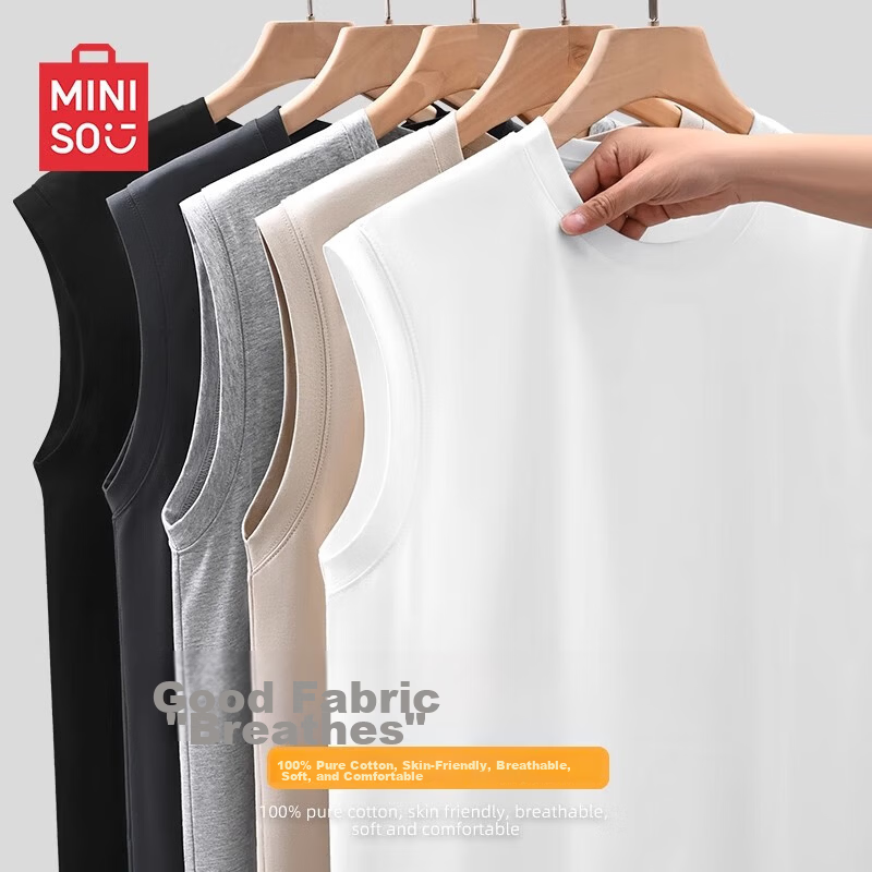 MINISO Men's Vest Summer Cotton Sleeveless T-Shirt Plus Size Loose Fit Round Neck Tank Top White M
