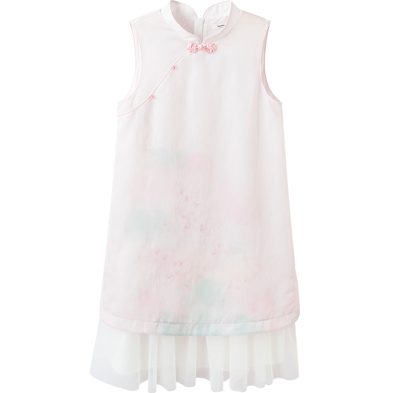 Balabala Girls Dress Children's Dress 2026 Summer New Baby New Chinese Style Qipao Dress Spliced Mesh Sweet