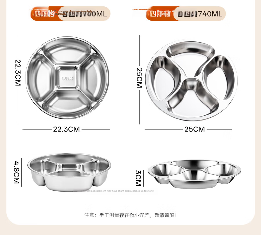 Onlycook 304 Stainless Steel Steaming Tray Braised Meat Plate Preparation Plate Fruit Plate Fat-Reducing Five-Compartment Tray 12
