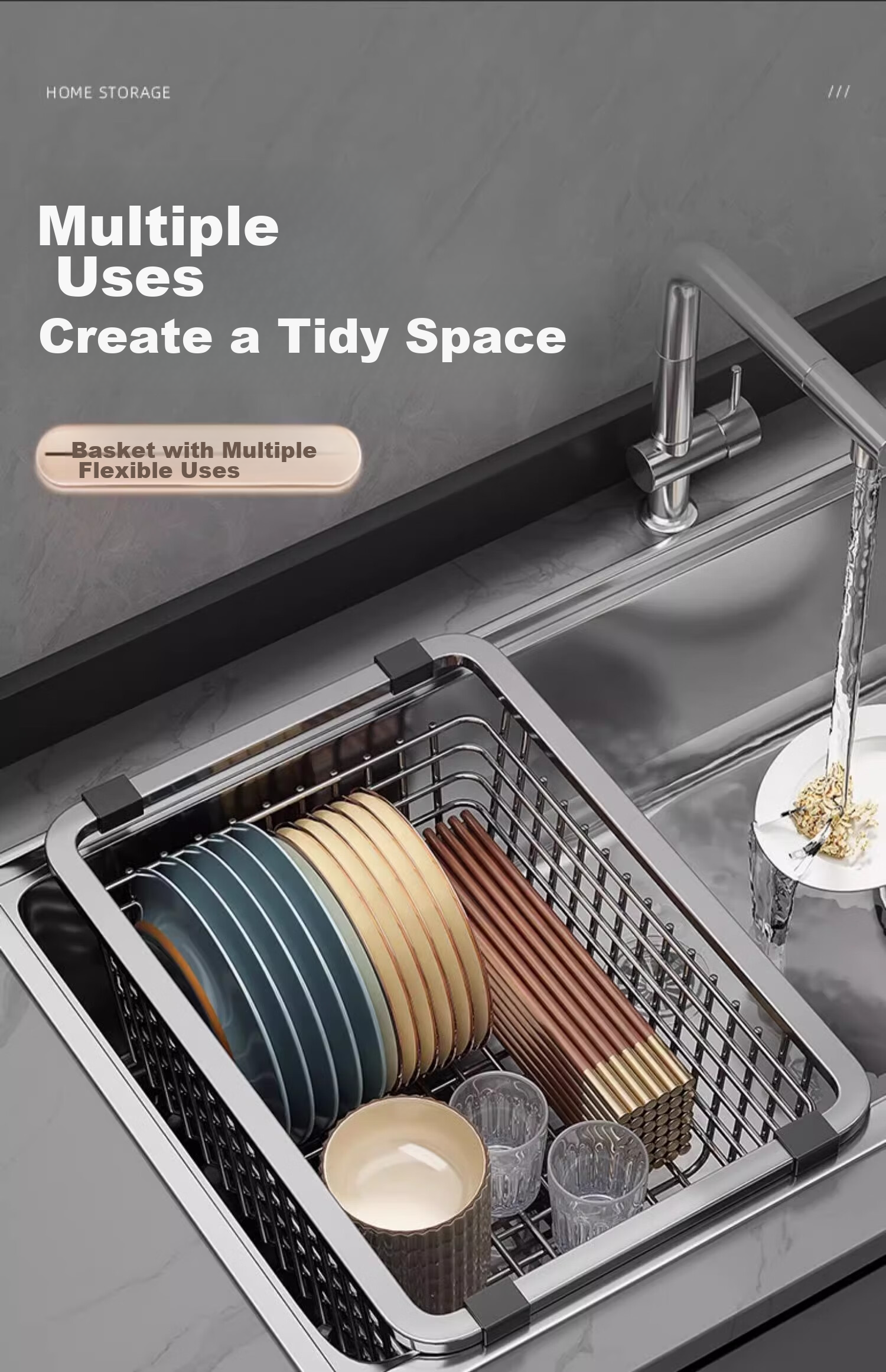 MUYA Stainless Steel Kitchen Sink Draining Rack Expandable Vegetable Strainer Basket 19