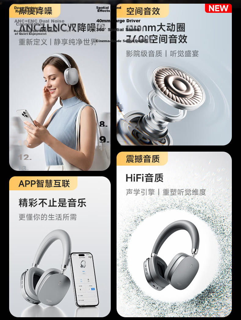 Aigo Bluetooth Headphones Over-Ear Active Noise Cancelling Comfortable Music Gaming Sports for Apple Xiaomi Phones Computers WH600 Silver 2