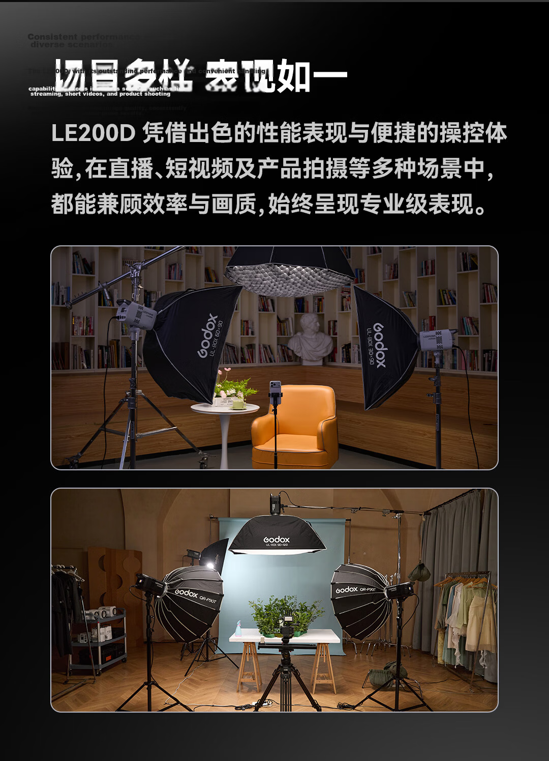 Godox LE200D Professional Live Streaming LED Fill Light Beauty Light Photography Indoor Anchor Studio Single Color Temperature Photography Video Continuous Light [Black Version] 12