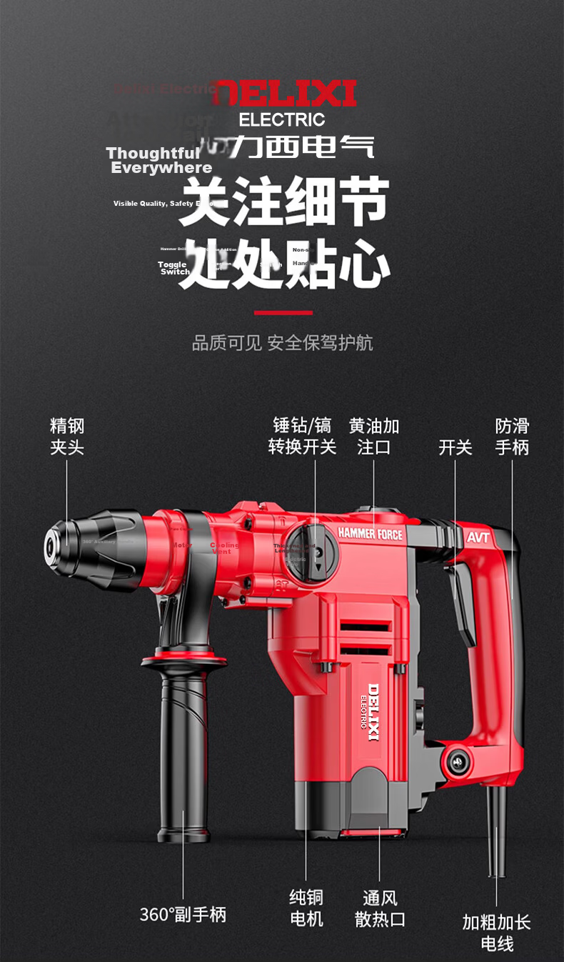 DELIXI Electric Hammer, Chisel And Drill High-Power Three-In Impact Drill for Concrete, Multi-Functional Household Power Tool, Corded Electric Hammer 12