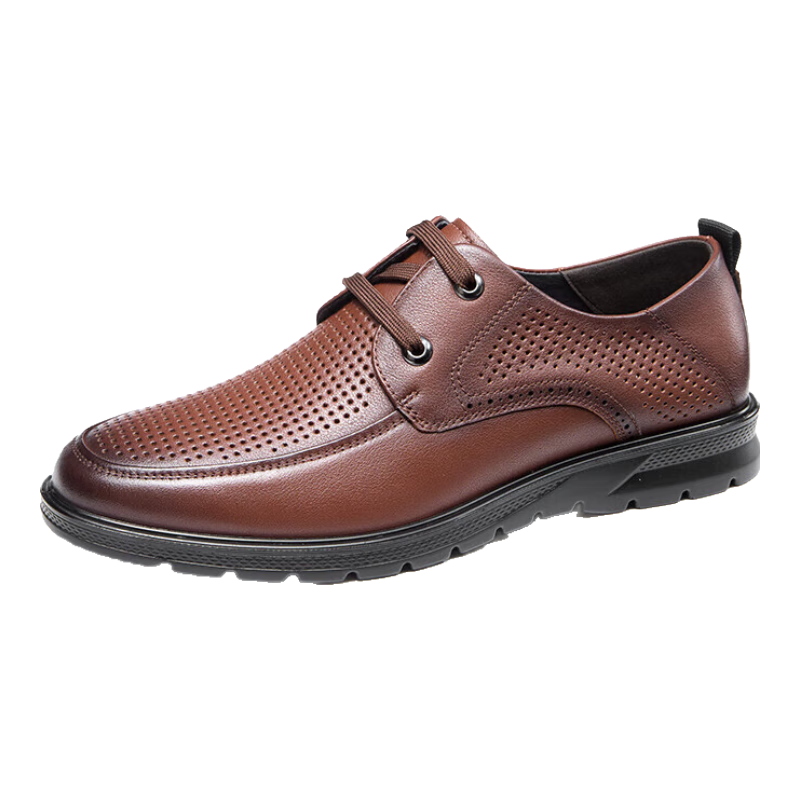 Aokang Business Casual Cowhide Shoes, Comfortable Breathable Hollow Leather Shoes, Lace-Up Shoes, Brown, Size 43