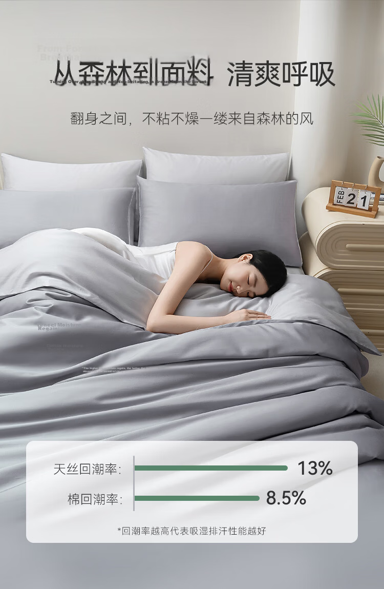 JD Jingzao 60-Count Tencel Cotton Four-Piece Bedding Set A-Class Summer Cool Tencel Pure Cotton Sheet Duvet Cover Pillowcase 1.5m Bed Gray 5