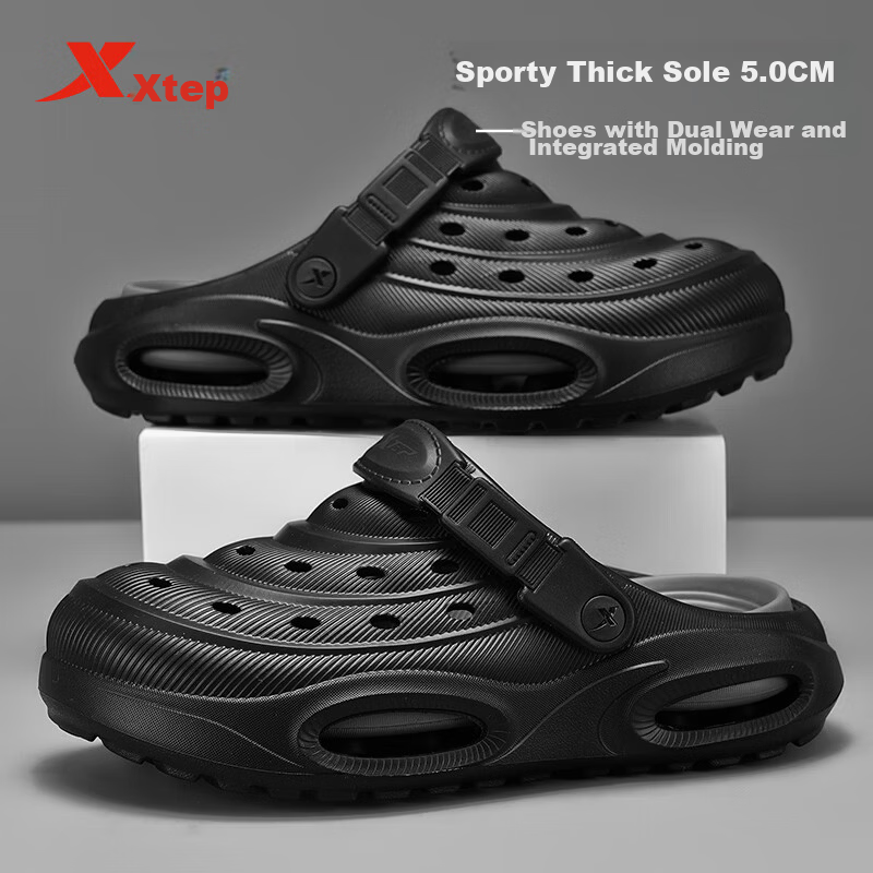 XTEP Men's Sport Sandals Hollow Out Thick Sole Beach Slippers Black 42-43