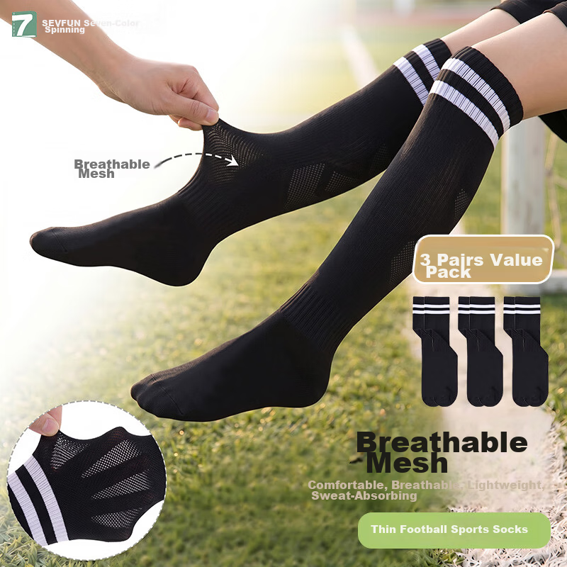 Qise Fang [3 Pairs Pack] Children's Football Socks Summer Thin Long Tube Sports Sweat-Wicking Breathable Running Comfortable Training Socks