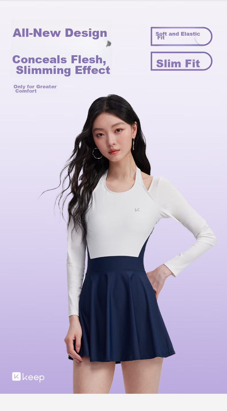 Keep Women's One-Piece Skirted Conservative Slimming Tummy Control Professional Training Swimsuit Blue and White Colorblock L 1