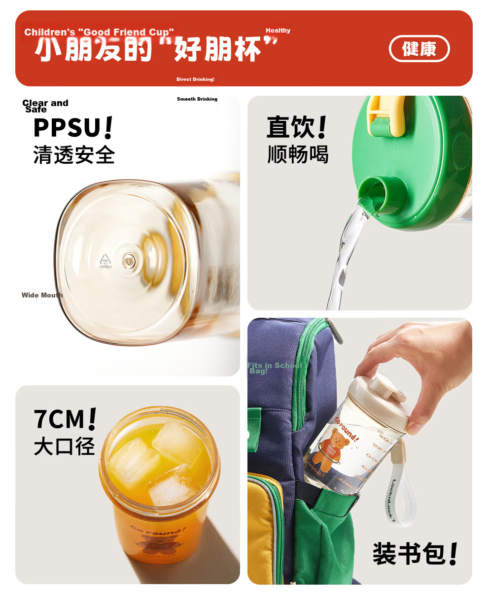 Lock&Lock Kids Direct Drinking Water Bottle Portable Student School Cup PPSU Transparent Water Bottle for Ages 3+ 2