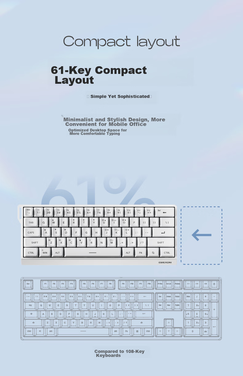 EWEADN F61 Wired Keyboard RGB Lighting Silent Office Mechanical Feel Slim Gaming Portable 61-Key Membrane Keyboard for PC Laptop Tablet iPad Carbon Black 9
