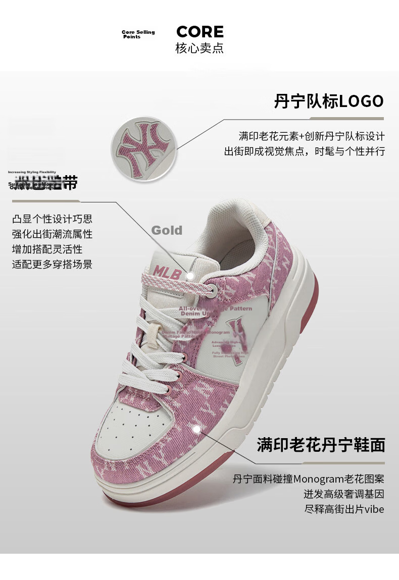 MLB Unisex Couple Thick Sole Vintage Pattern Senior Style Sneakers 3ASXM016N-50PKS-235 6