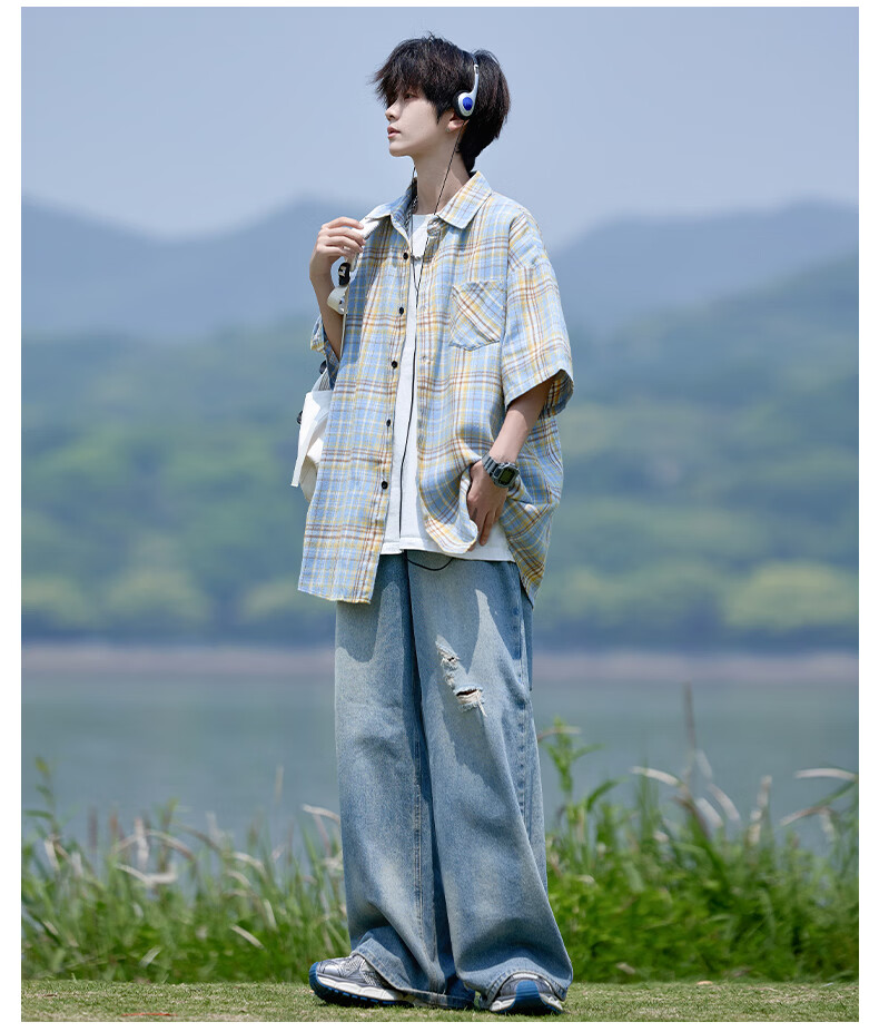 CLOR Men's Plaid Long Sleeve Shirt Spring Autumn Ins Loose Casual Retro Jacket CLCX10 Black 2XL 5