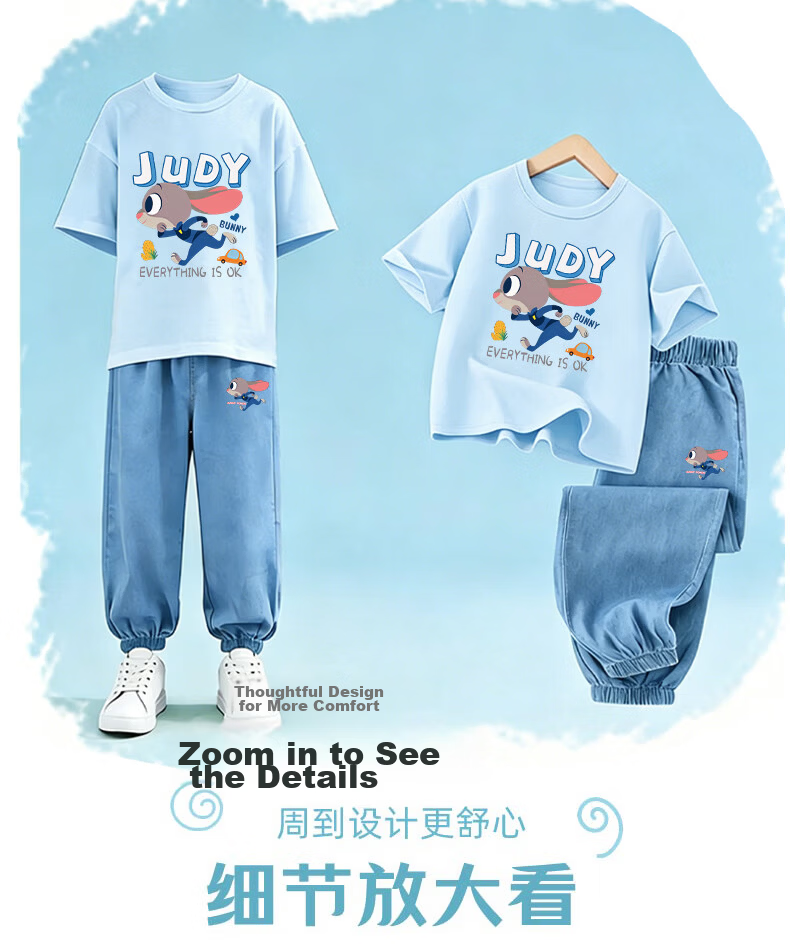 Disney Girls Summer Set New Short Sleeve T-Shirt and Tencel Jeans Judy Officer White + Running Rabbit Light Blue 150 10