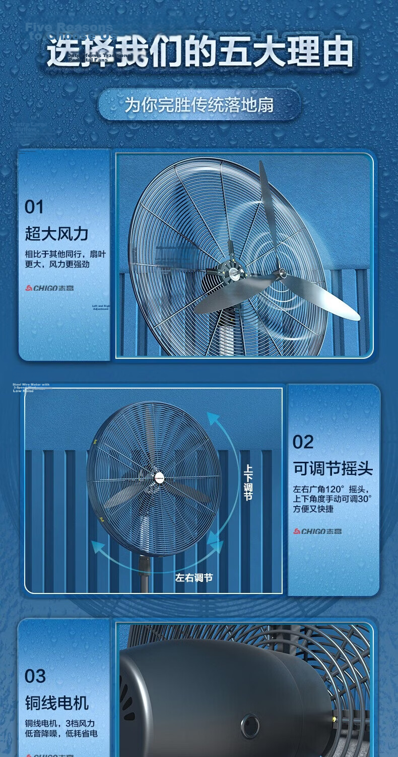 CHIGO 650 Industrial Pedestal Fan Aluminum Blades Button Control Oscillating High Power Strong Wind Commercial Factory Workshop Electric Fan Copper Core Motor Reinforced Mesh Bullhorn Fan 3