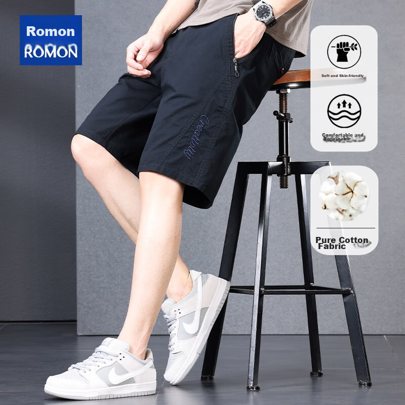 ROMON 100% Cotton Men's Summer Casual Business Zip Pocket Cargo Sports Beach Shorts Men's Knee-Length Pants