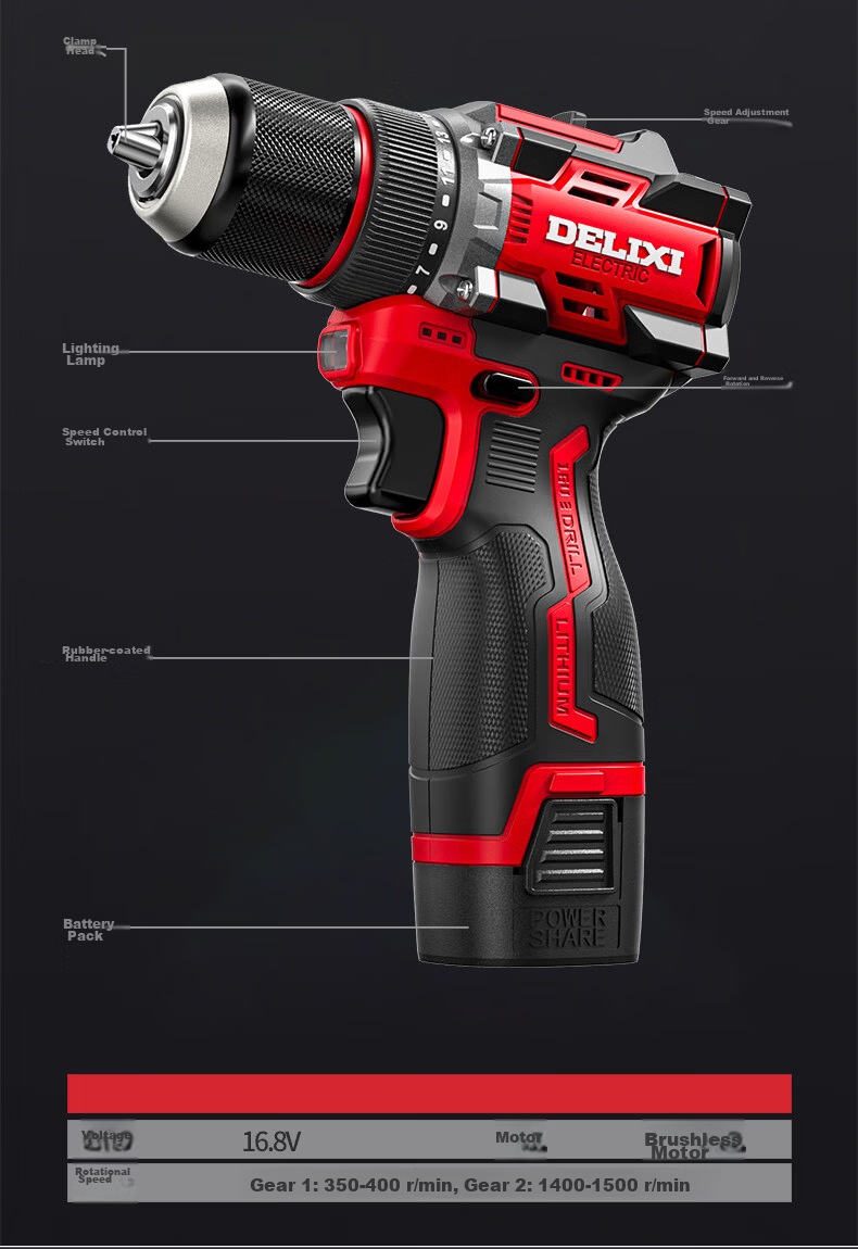 Delixi Electric 16.8V Brushless Cordless Drill Electric Screwdriver Household Tool Set High Power Drill 24