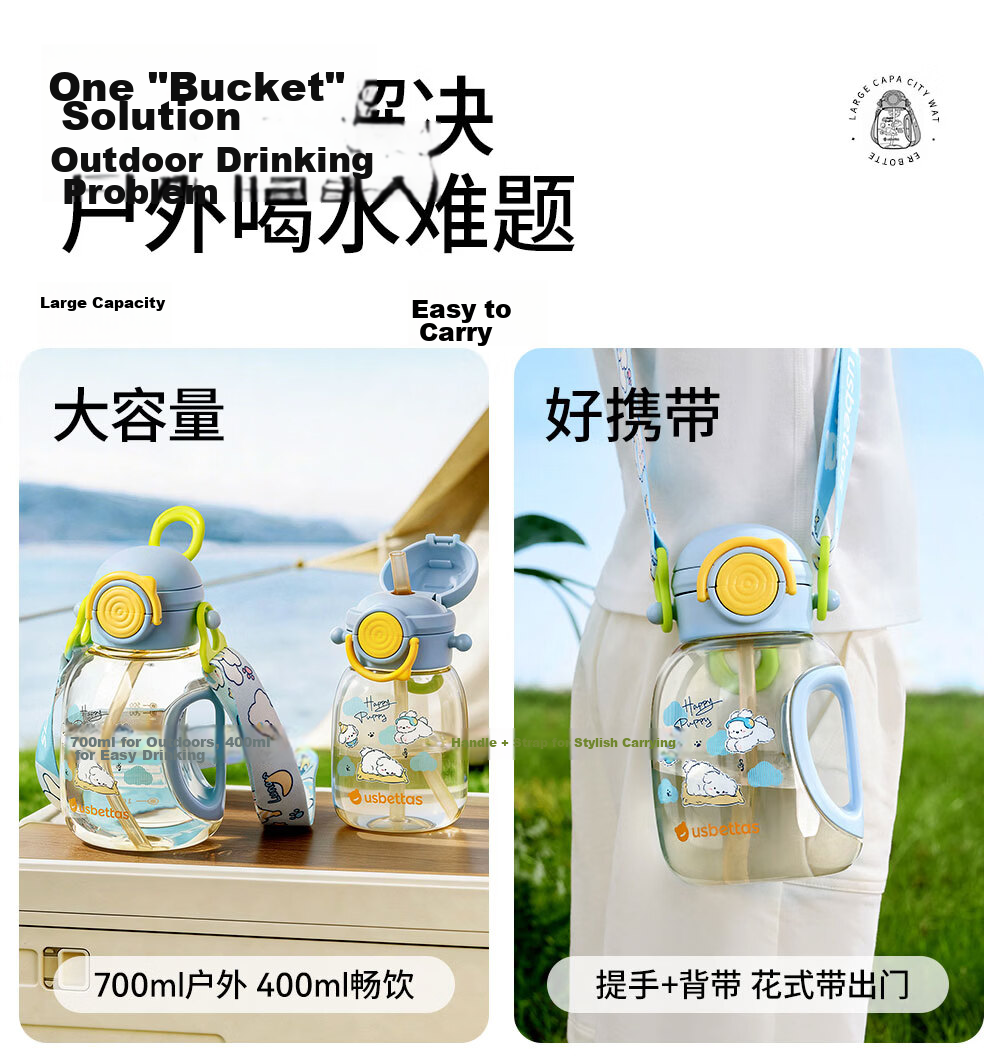 Beitais TonTon Bucket Children's Straw Cup Baby Direct Drinking Kindergarten Water Bottle Spring Summer Outing 2 Years PPSU Soft Cloud Blue 3