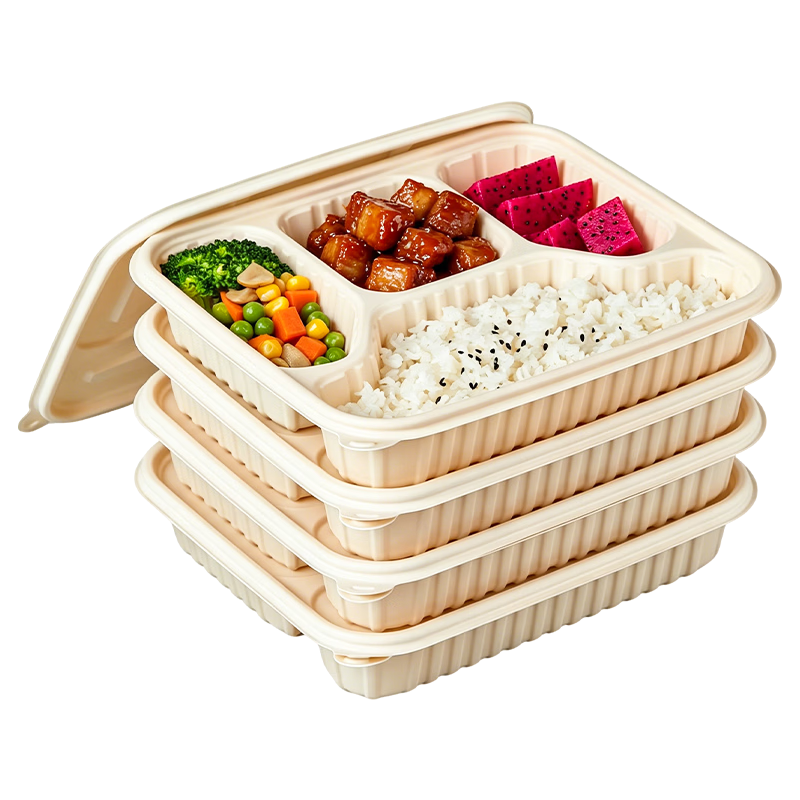SHUANG YU Disposable Food Containers, 50 Sets * 1000ml, Corn Starch Biodegradable, Four-Compartment Divided Takeout Boxes, Fast Food Containers