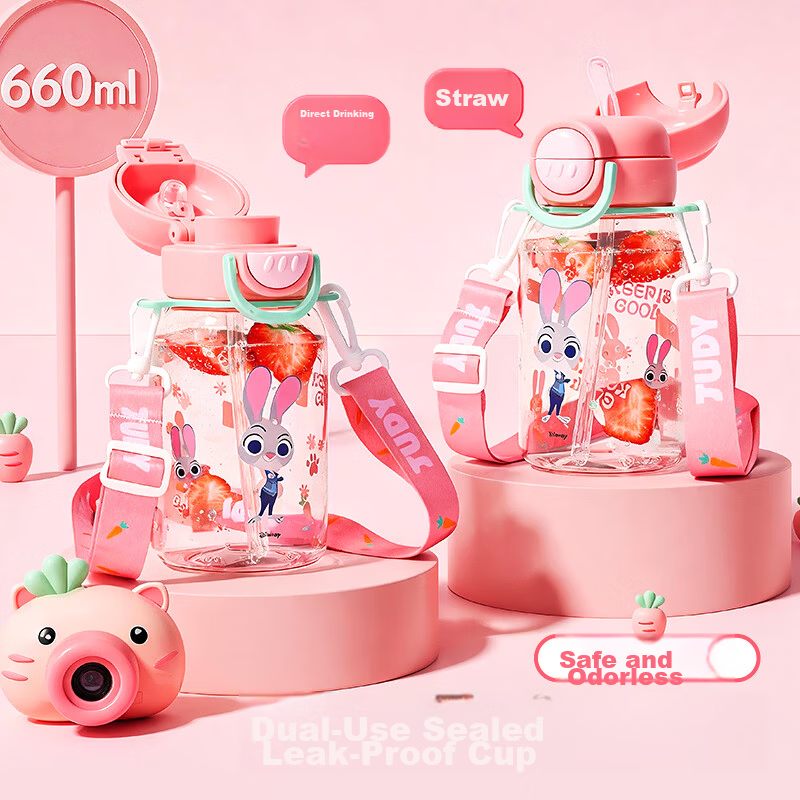 Disney Kids Large Capacity Student Straw Cup Direct Drinking Cup with Strap Portable Outdoor Water Bottle Plastic Tritan Cup