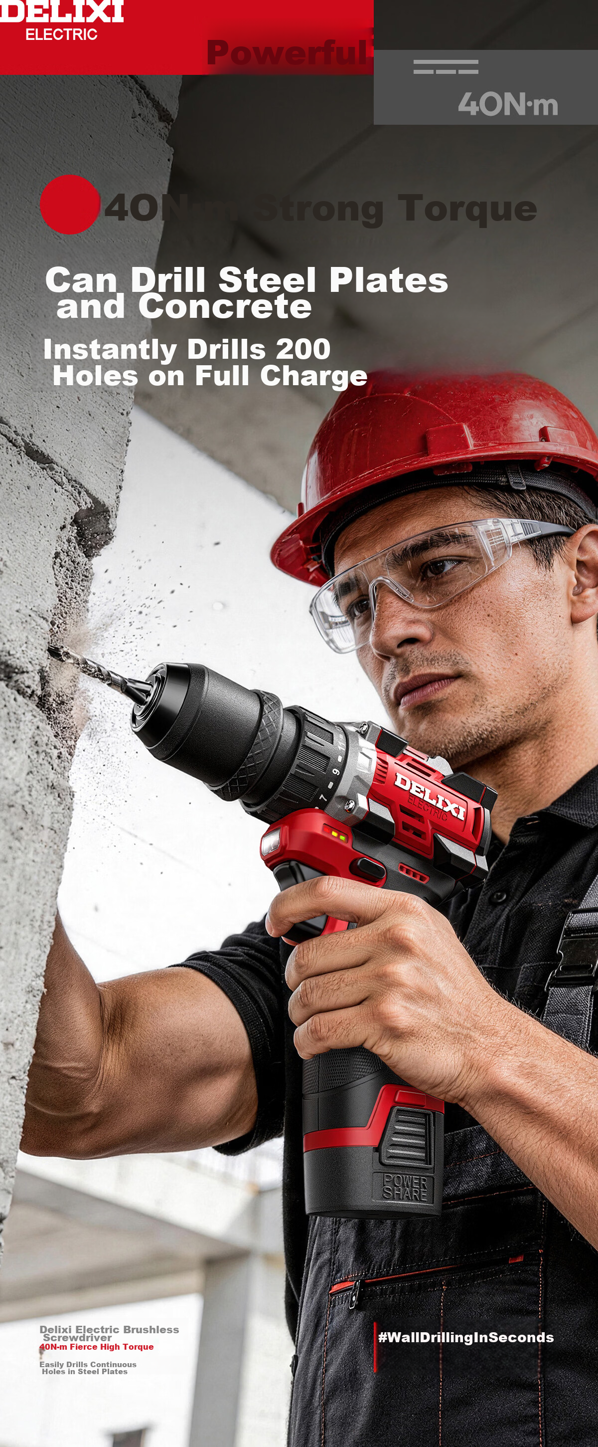 Delixi Electric Multifunctional 16.8V Brushless Lithium Battery Cordless Handheld Drill with Quick-Change Chuck and Toolbox 14