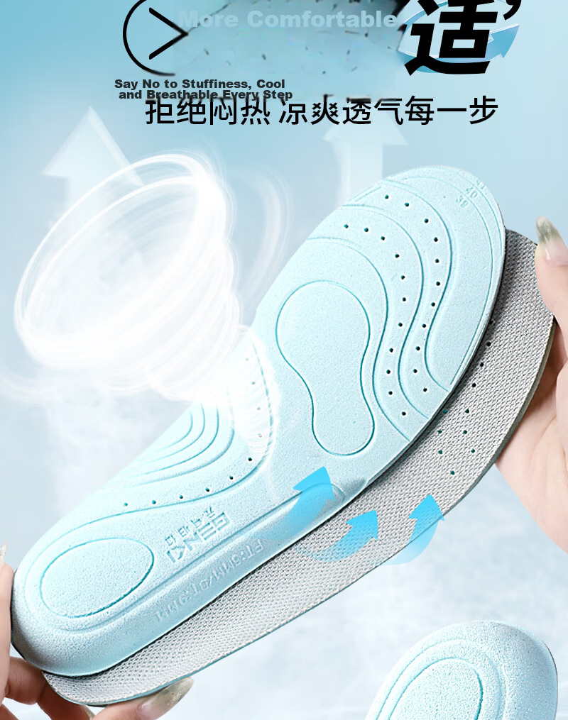 Vitality Rebound Sweat-Absorbing Breathable Odor-Resistant Sports Insoles for Men and Women, Soft and Elastic, Long-Standing Comfort, Shock Absorption, Military Training, Cloud-Like Feel, 2 Pairs, Siz 8