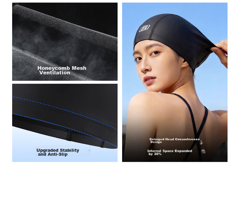Skechers Swim Cap Unisex Long Hair Fashion Comfortable Fabric Ear Protection Non-Tight Non-Sticky Hair Swim Cap - Glossy Black 13