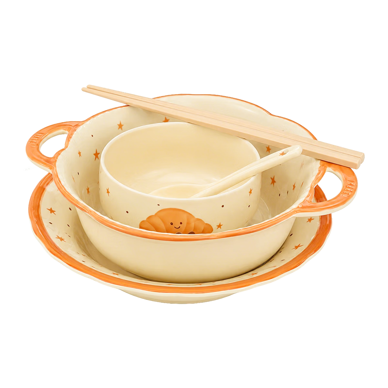Baijie Cute Tableware Set Ceramic Bowls Chopsticks Soup Bowl Plates 5-Piece Home Dining Set for One
