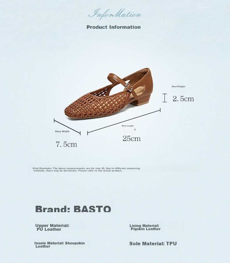 BASTO French Style Woven Hollow Breathable Ballet Mary Jane Sandals Women's Flats F5091BQ6 7
