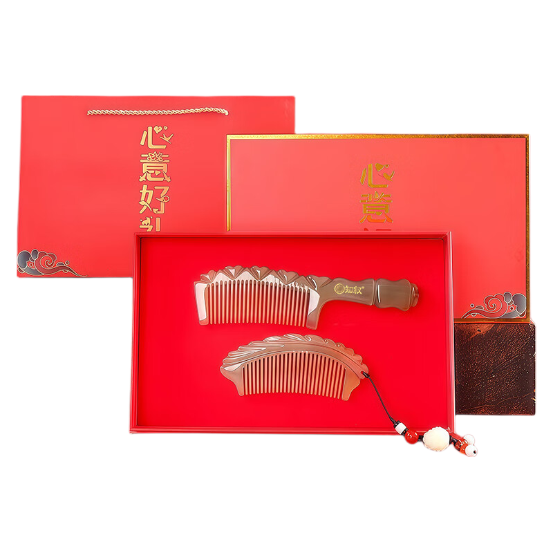Zhixu Natural Ox Horn Comb, Women's Birthday Gift for Mom, Qixi Valentine's Day Gift for Wife, Teacher's Day Gift for Female Teachers, High-End Practical One-Comb Hundred Blessings Gift Box Set