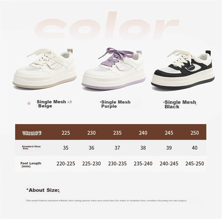 DAPHNE Women's Thick-Soled White Sneakers New Summer Mesh Casual Shoes Single Mesh Beige 39 5